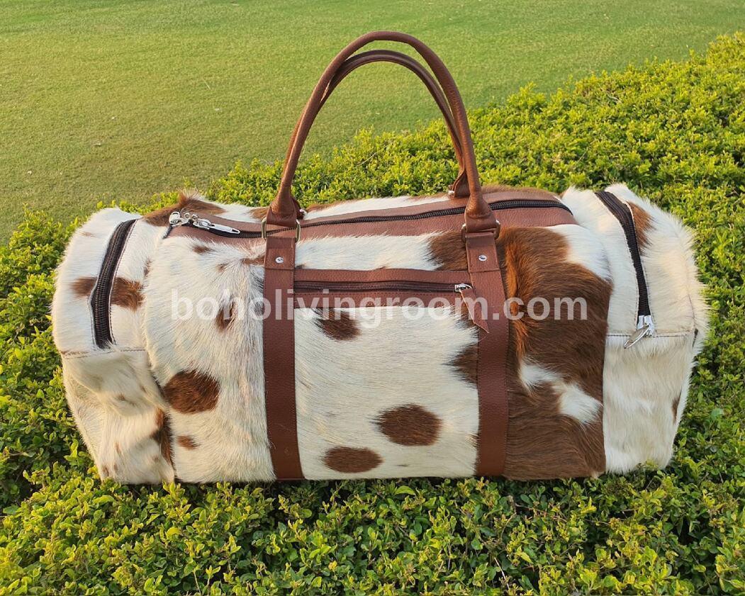 Large Brown White Hair On Hide Duffle Bag