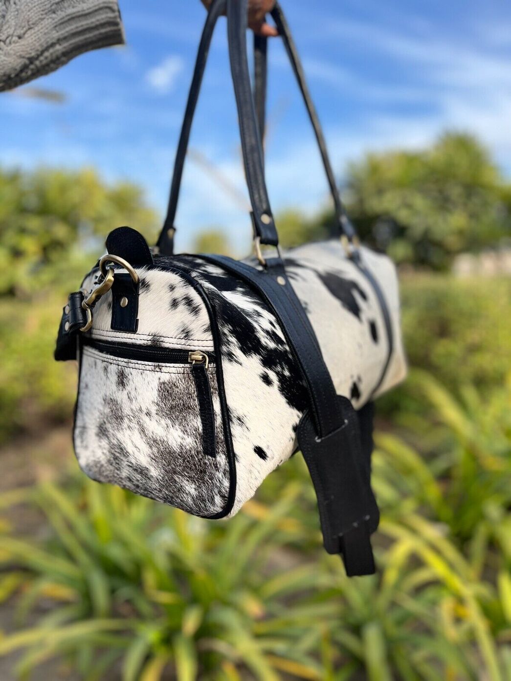 Cowhide Luggage Duffle Bag Black White