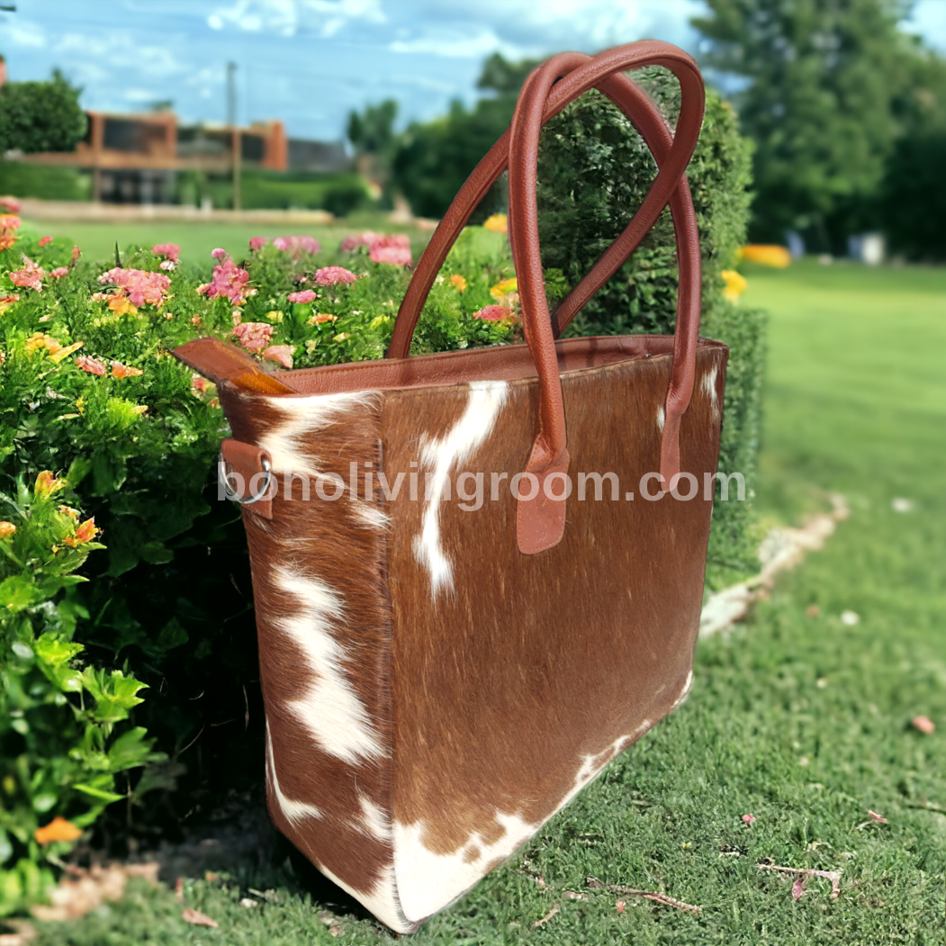 Cowhide Fur Tote Bag Brown White