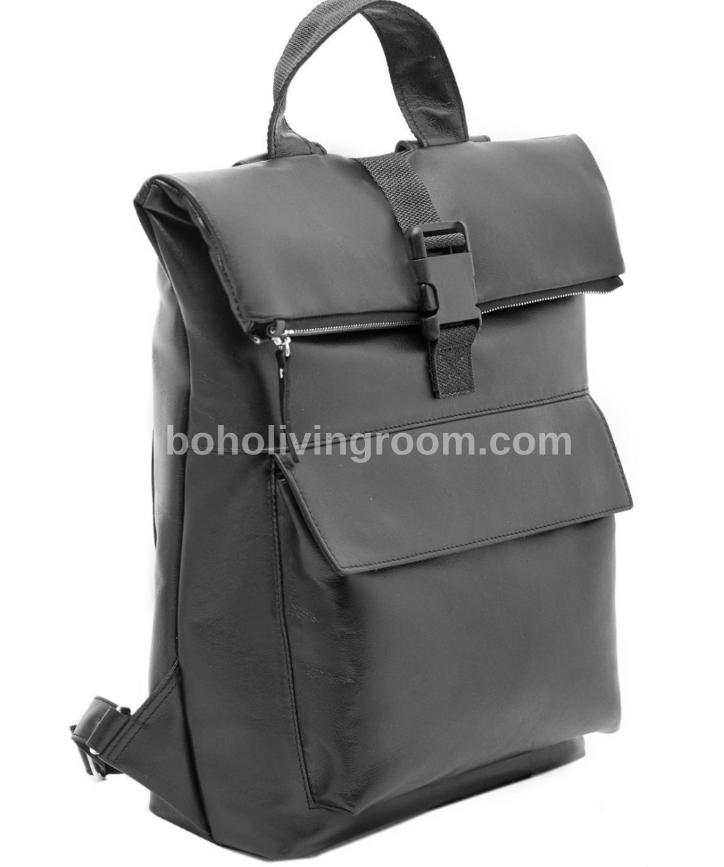 Men's Black Leather Roll Top Backpack with Laptop Compartment