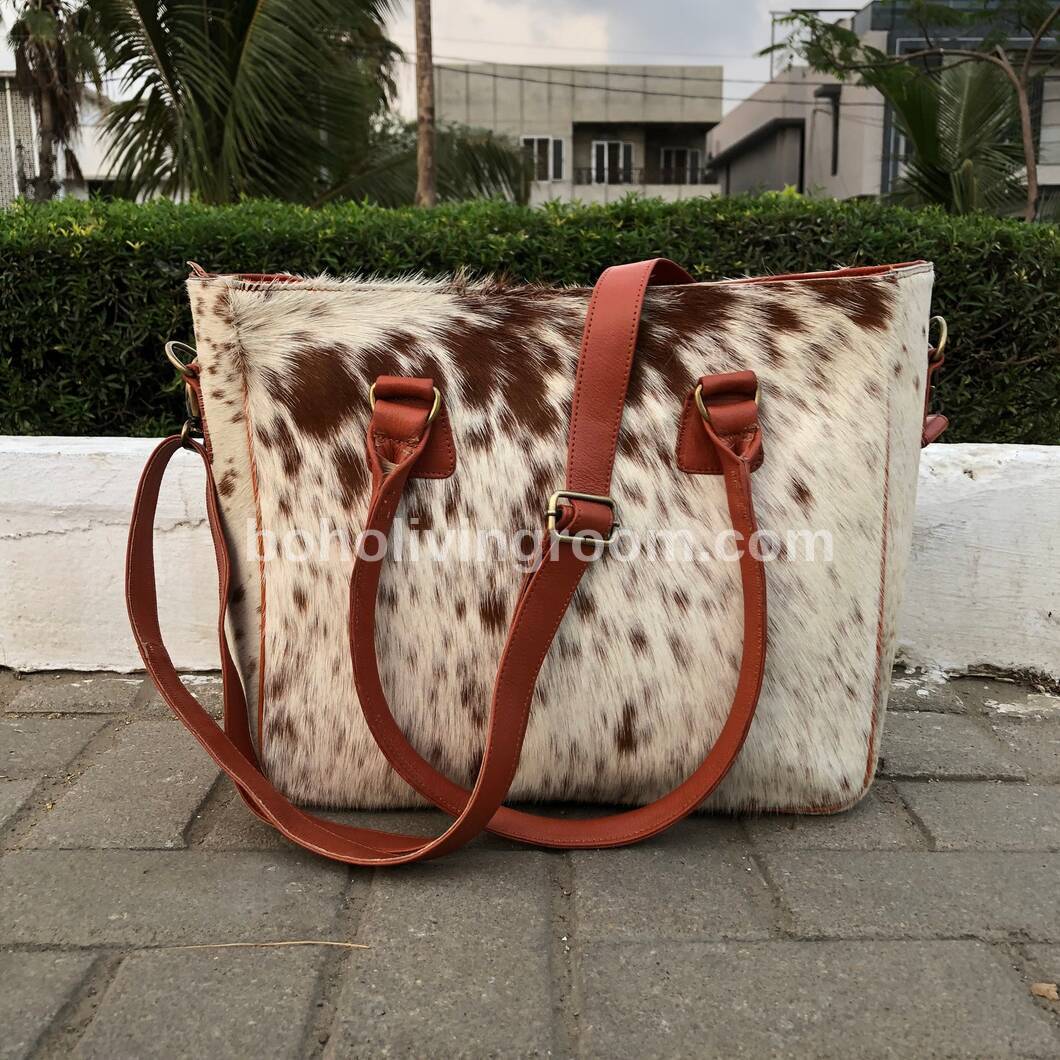 Brown and White Cowhide Messenger Bag with Leather Strap