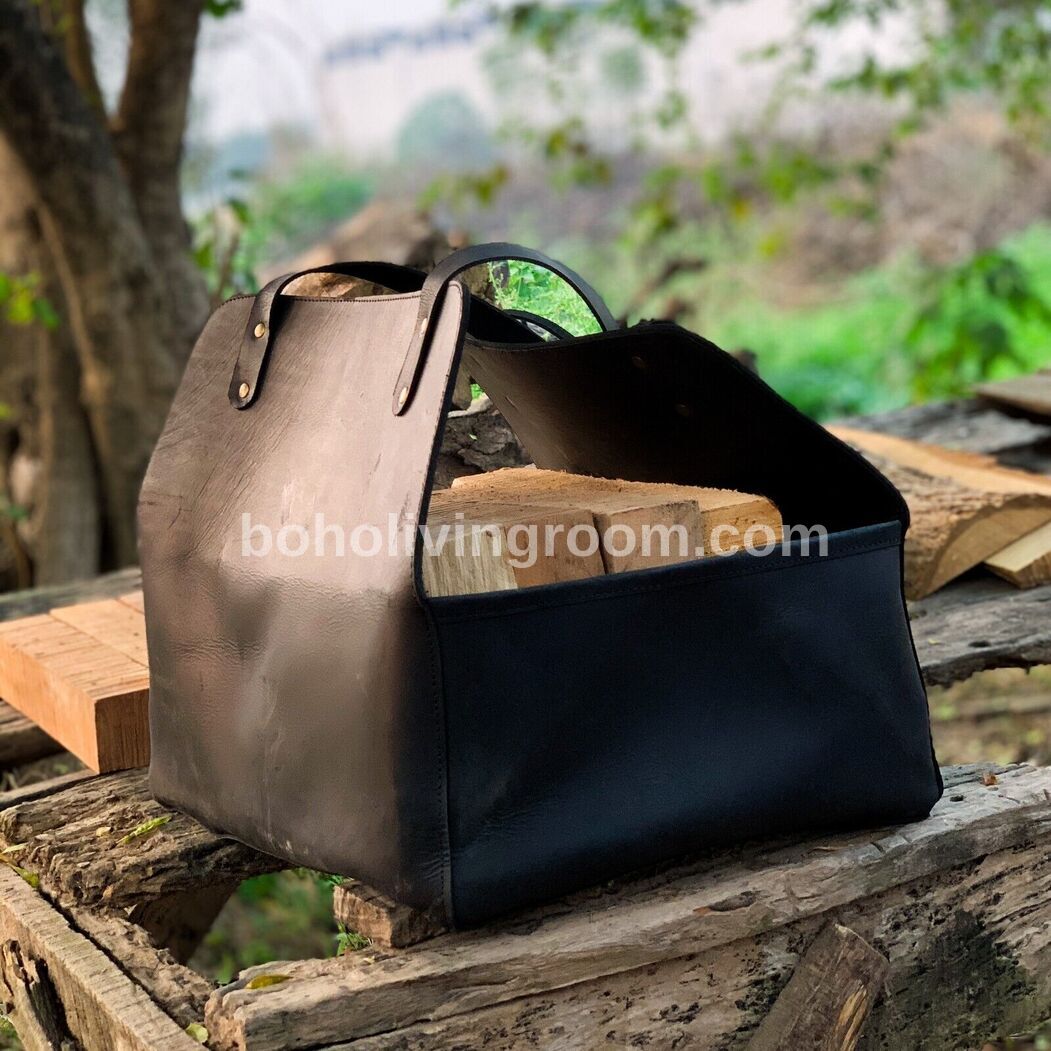 Leather Wood Carrier Tote Bag for Firewood, Real Heavy-Duty Fireplace Log Holder