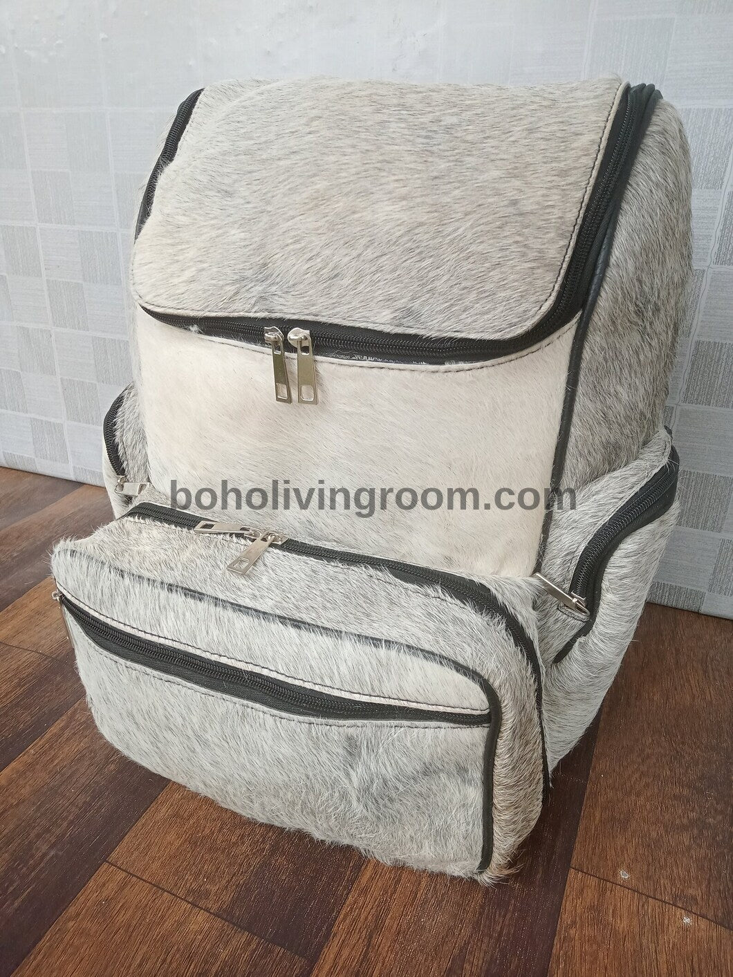 White Grey Speckled Cowhide Backpack Purse for Women