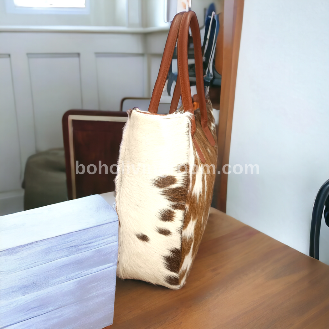 Brown and White Cowhide Bag Tote Shoulder Purse