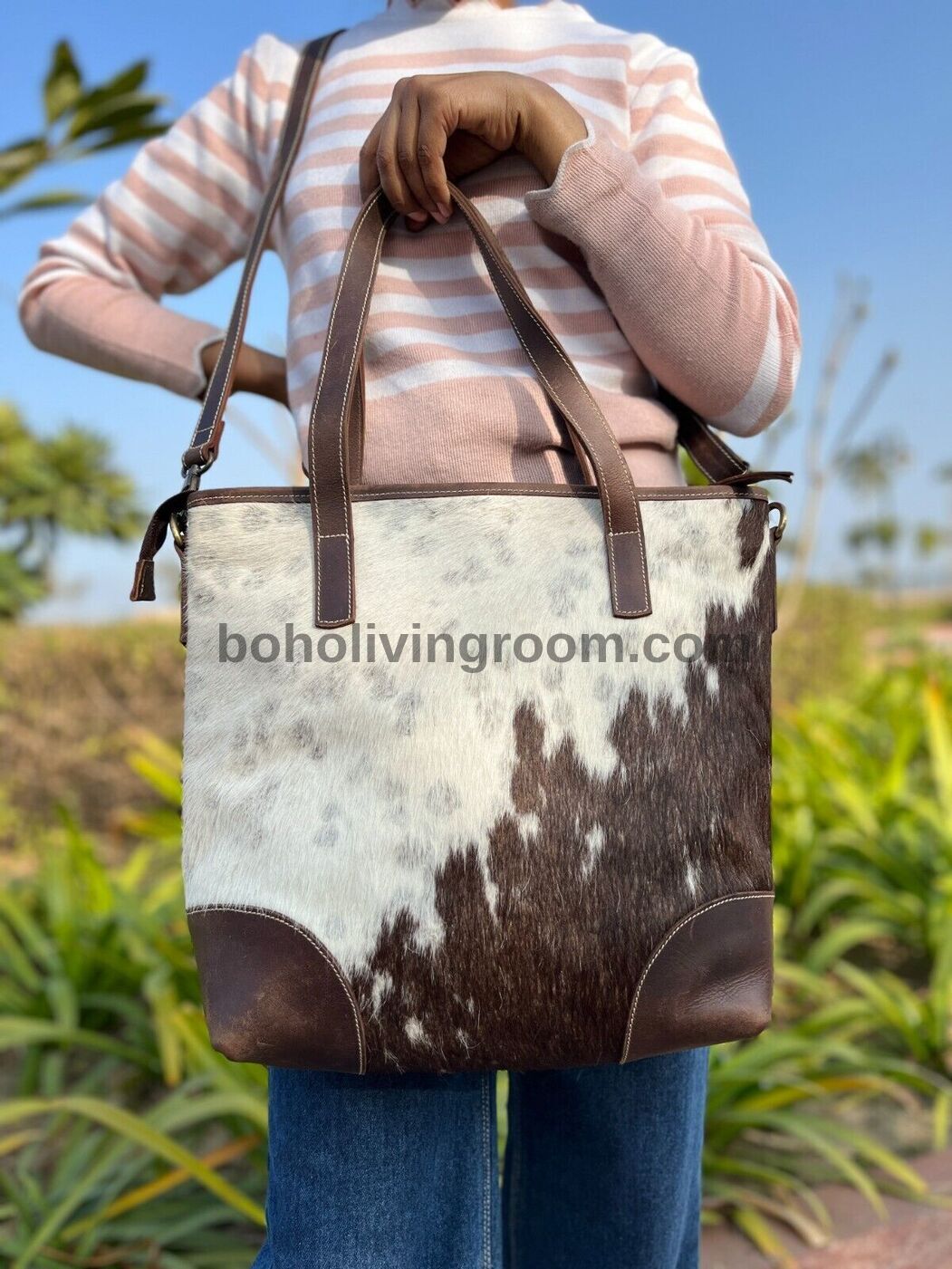 Cowhide Fur Tote Bag Brown White