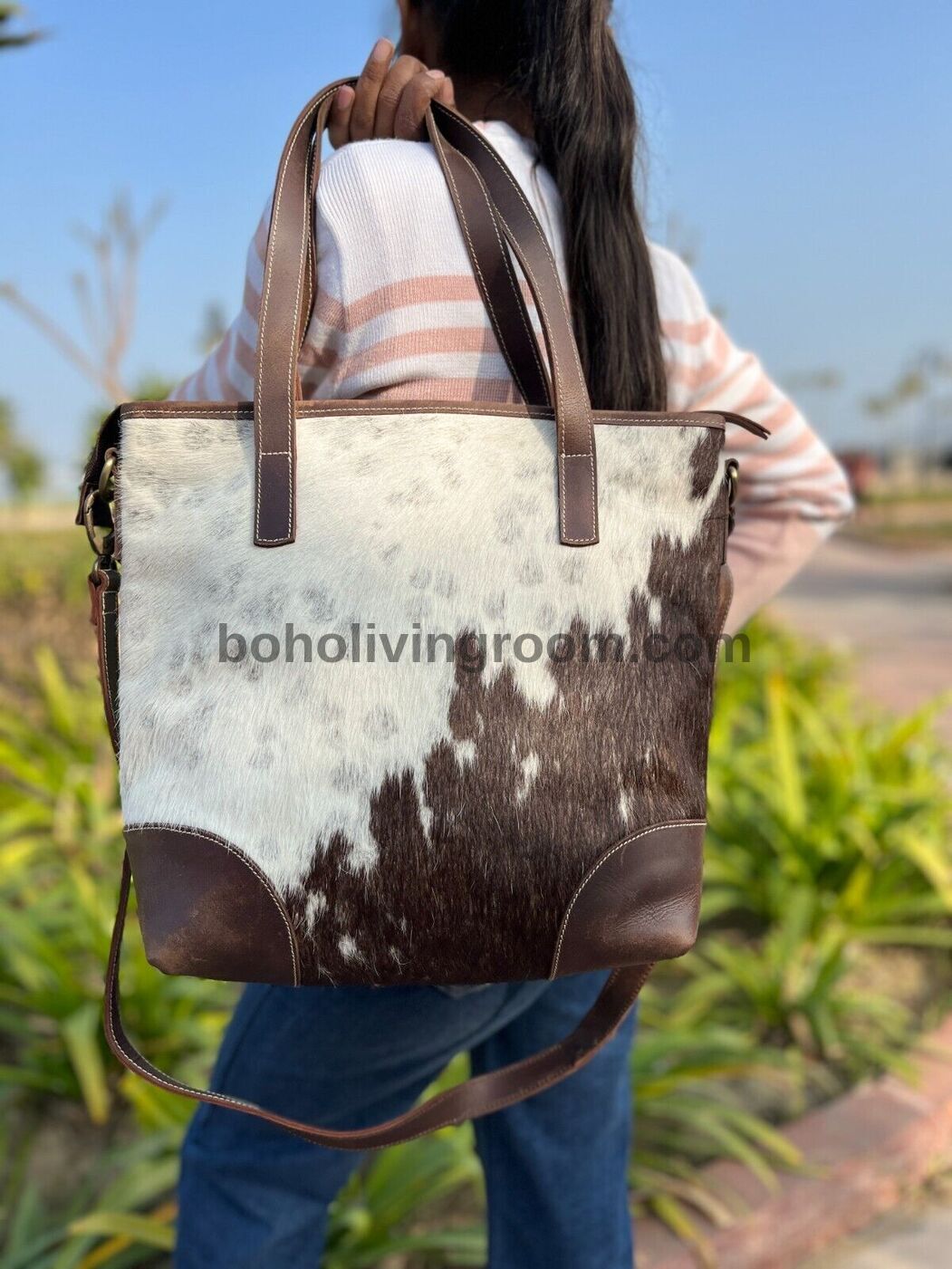 Cowhide Fur Tote Bag Brown White