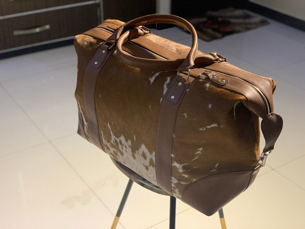 Exotic Brown White Cowhide Duffle Bagwo