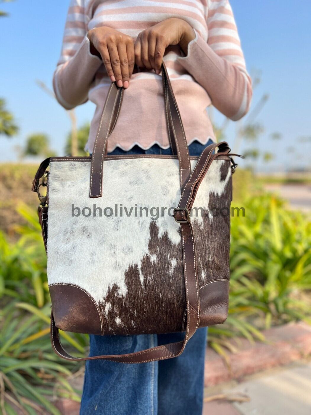 Cowhide Fur Tote Bag Brown White