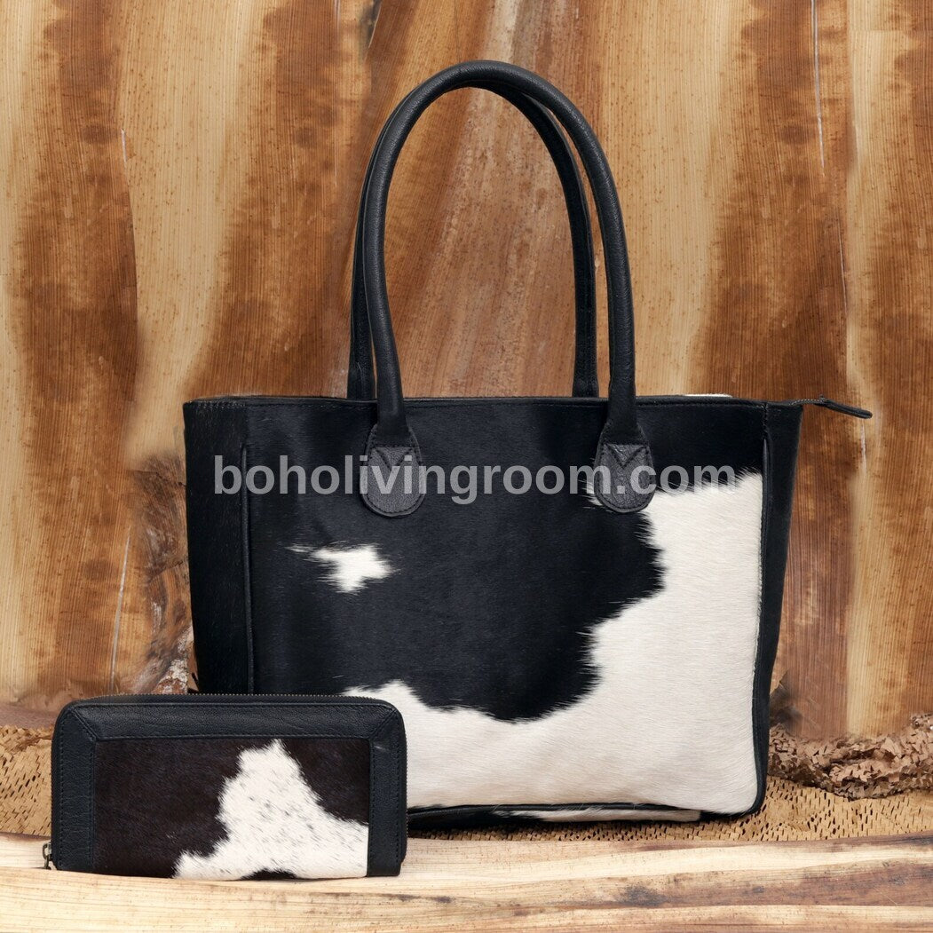 Black White Cowhide Tote Purse Matching Wallet