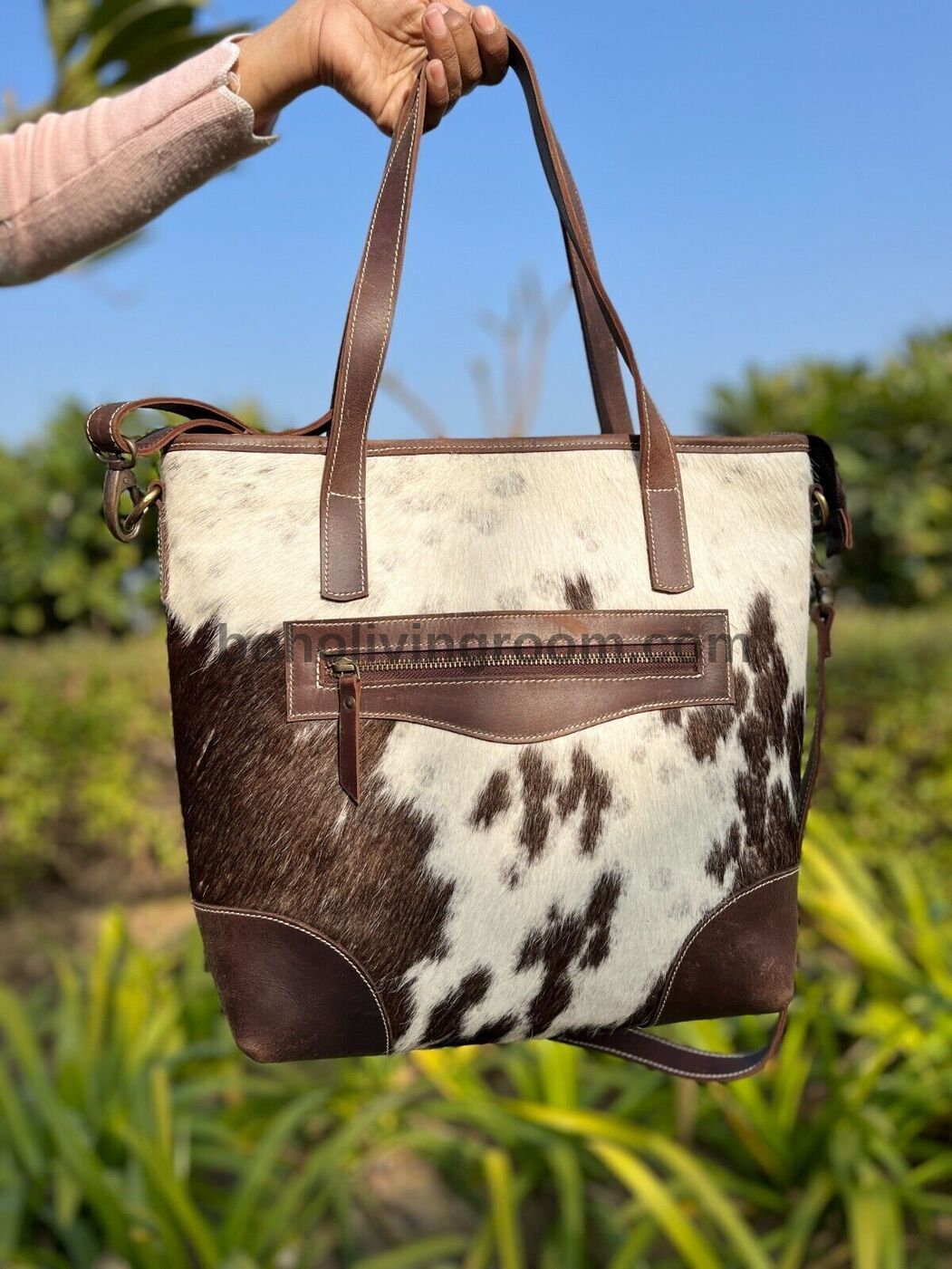 Cowhide Fur Tote Bag Brown White