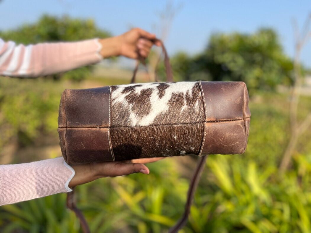 Cowhide Fur Tote Bag Brown White