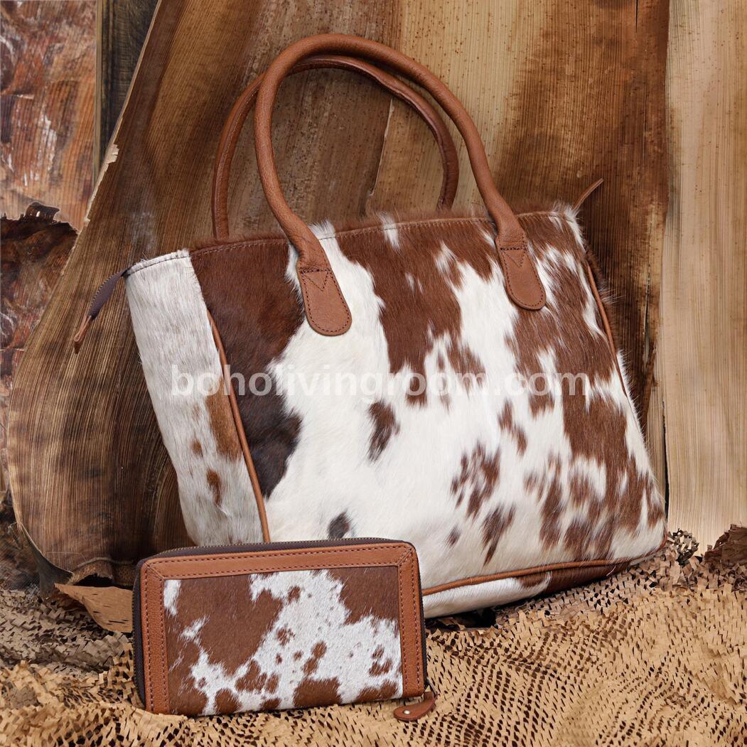 Brown and White Cowhide Tote Purse with Wallet
