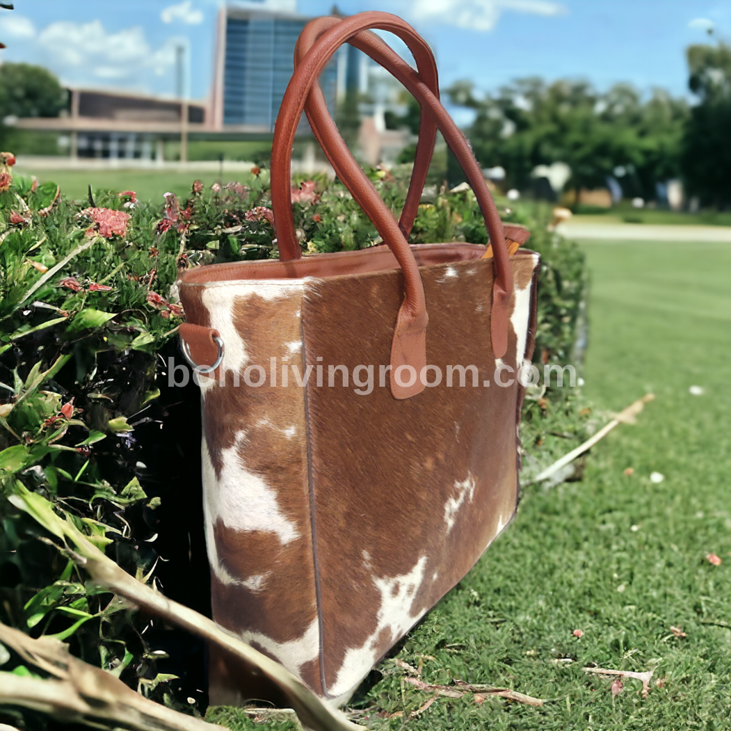 Cowhide Fur Tote Bag Brown White