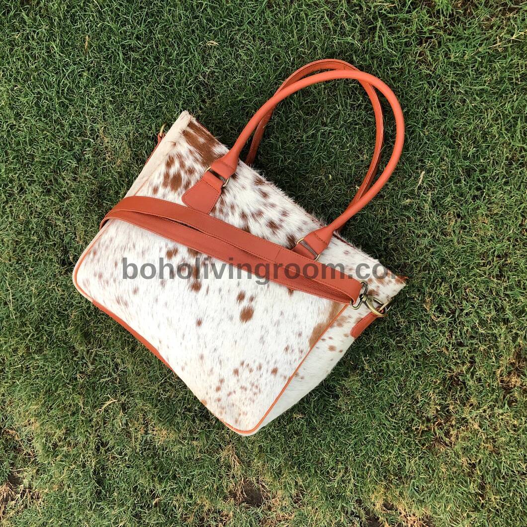 Brown and White Cowhide Messenger Bag with Leather Strap