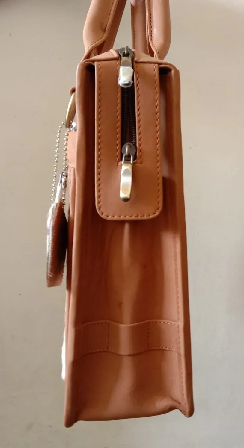 Brown White Cowhide Leather Briefcase Bag