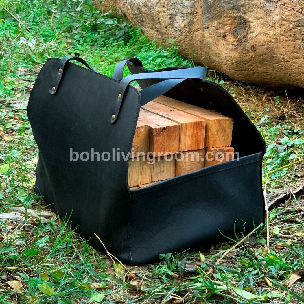 Leather Wood Carrier Tote Bag for Firewood, Real Heavy-Duty Fireplace Log Holder