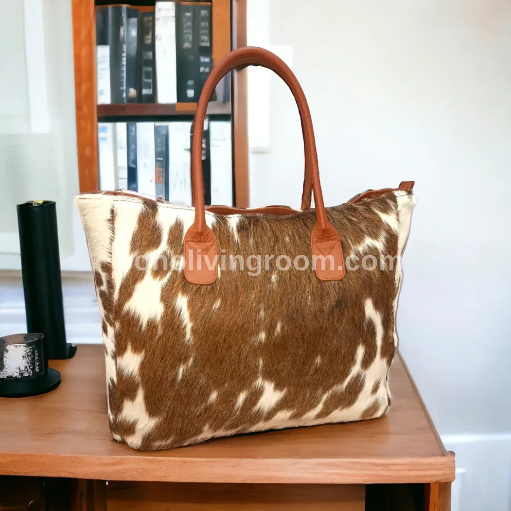 Brown and White Cowhide Bag Tote Shoulder Purse