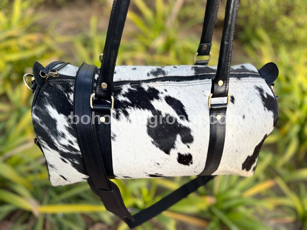 Cowhide Luggage Duffle Bag Black White