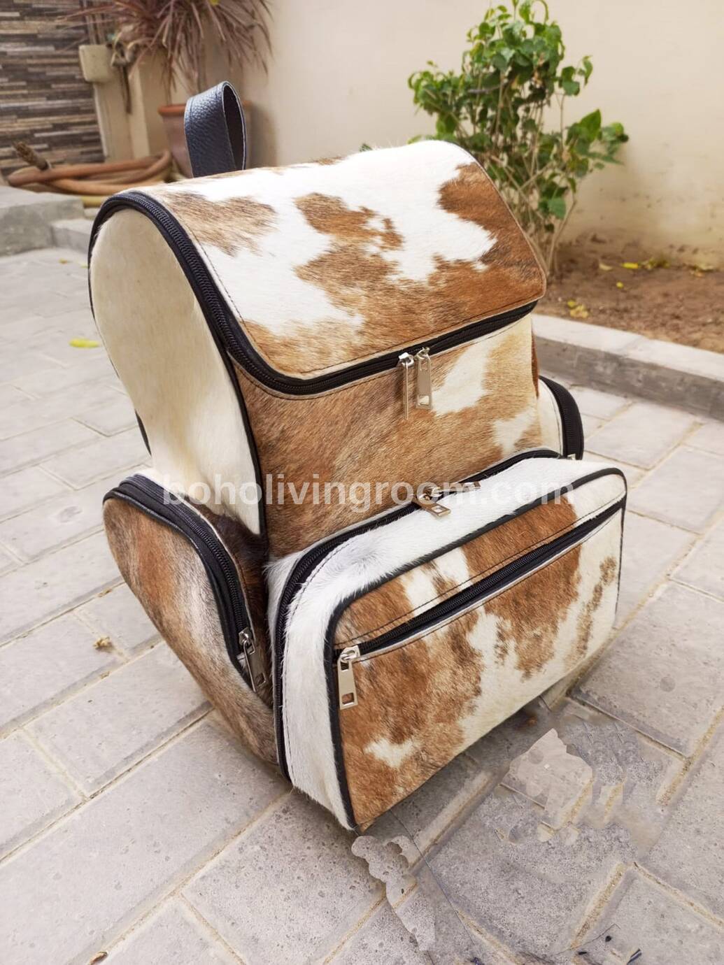 Cowhide Backpack Diaper Bag Brown White