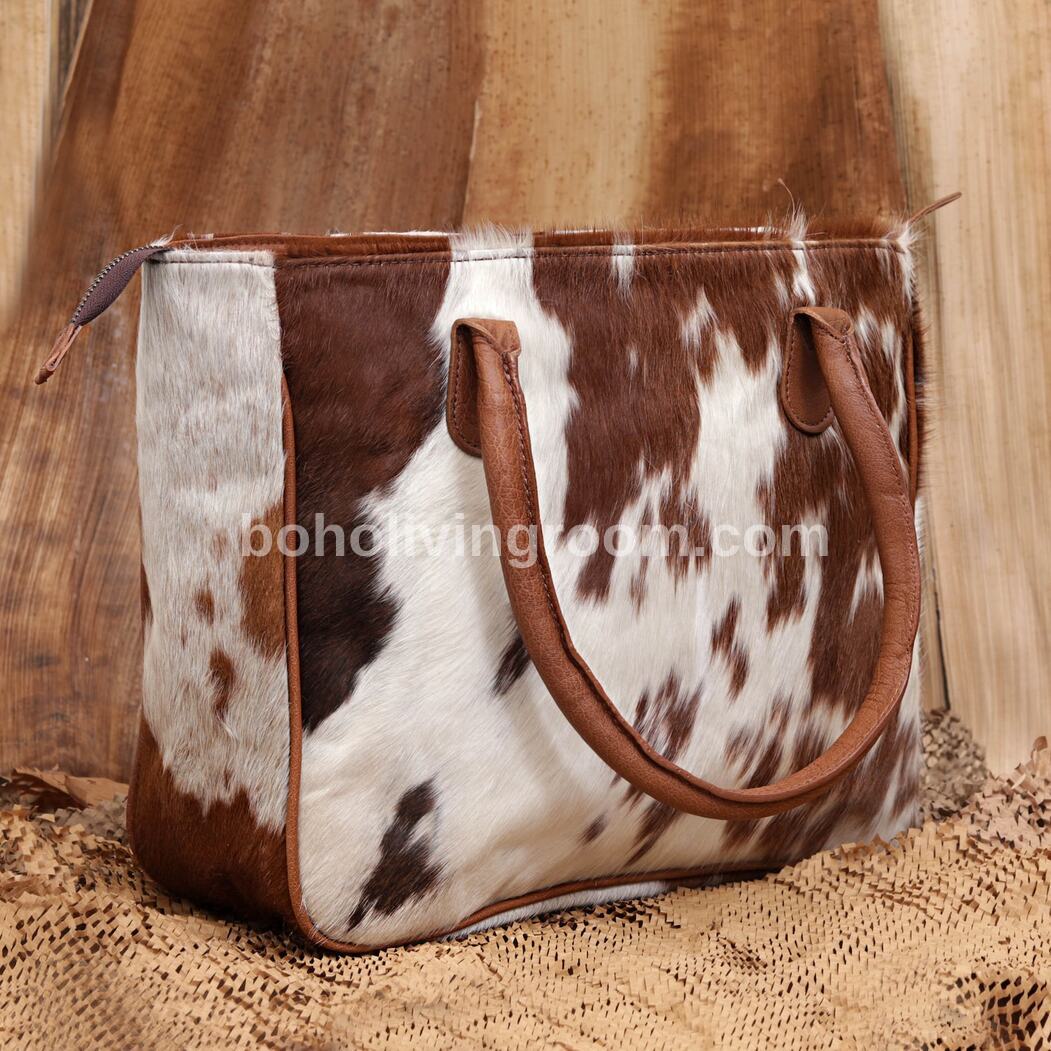 Brown and White Cowhide Tote Purse with Wallet