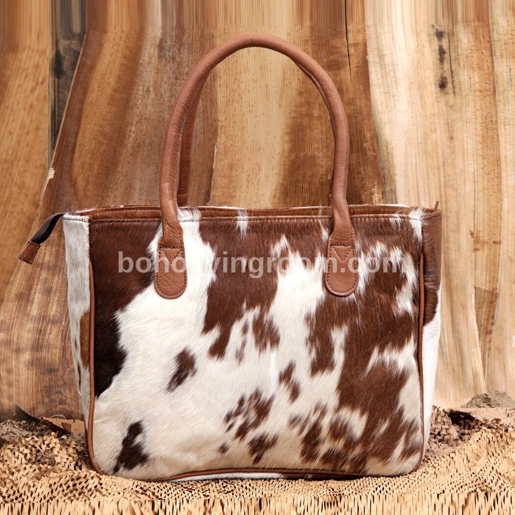 Brown and White Cowhide Tote Purse with Wallet