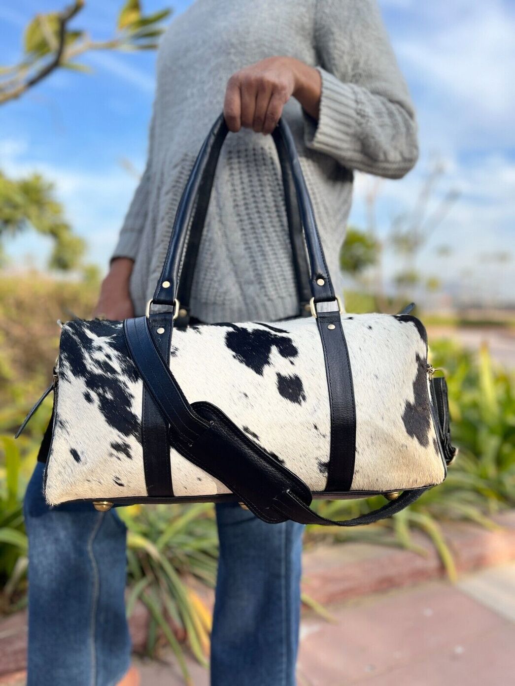 Cowhide Luggage Duffle Bag Black White