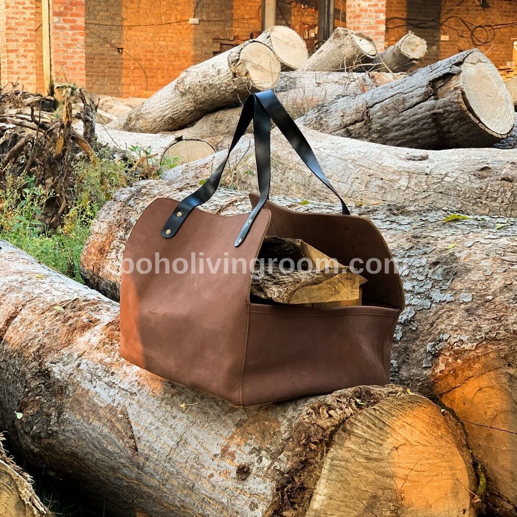 Leather Wood Carrier Tote Bag for Firewood, Real Heavy-Duty Fireplace Log Holder