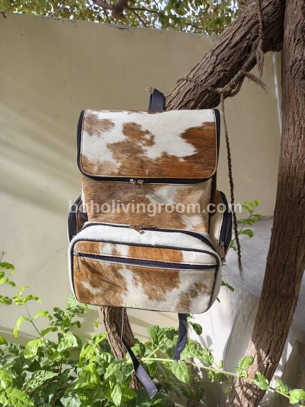 Cowhide Backpack Diaper Bag Brown White
