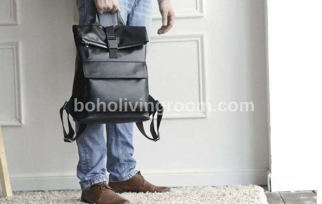 Men's Black Leather Roll Top Backpack with Laptop Compartment