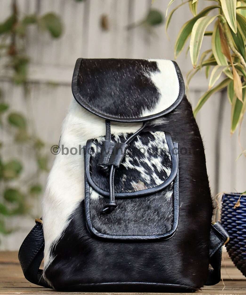 Cowhide Backpack Purse Black White