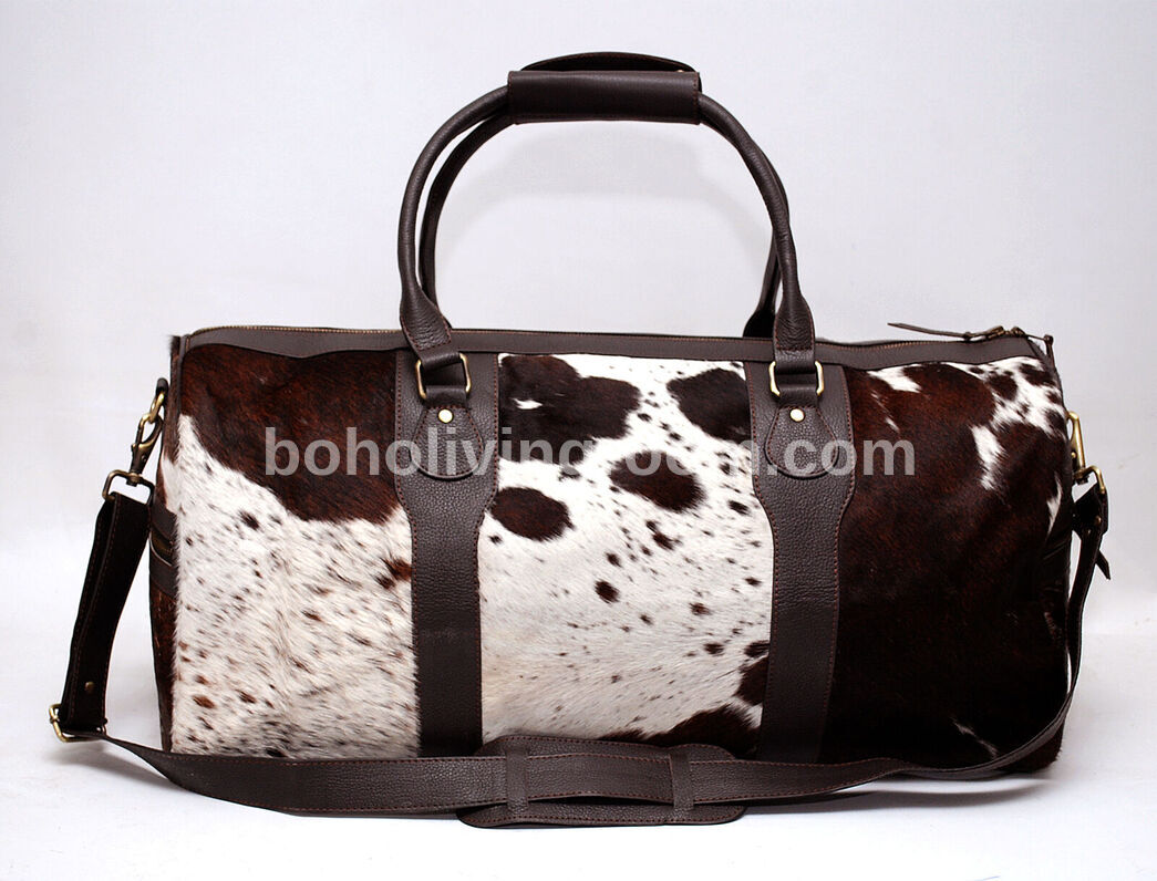 Cow Skin Duffle Bag Dark Brown Black White