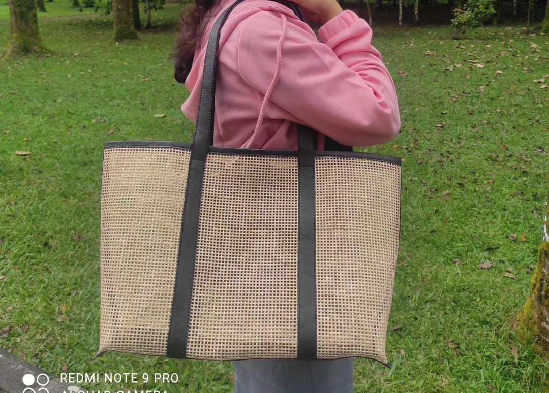 Large Cane And Leather Tote Bag