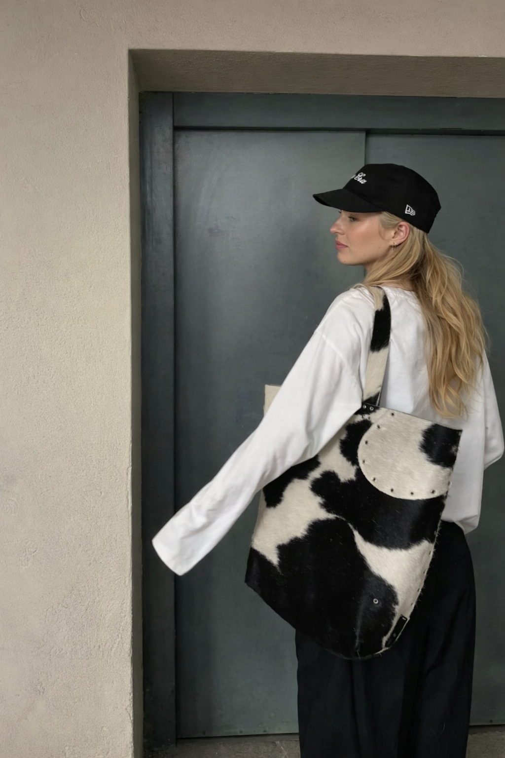 Large black white cowhide tote bag
