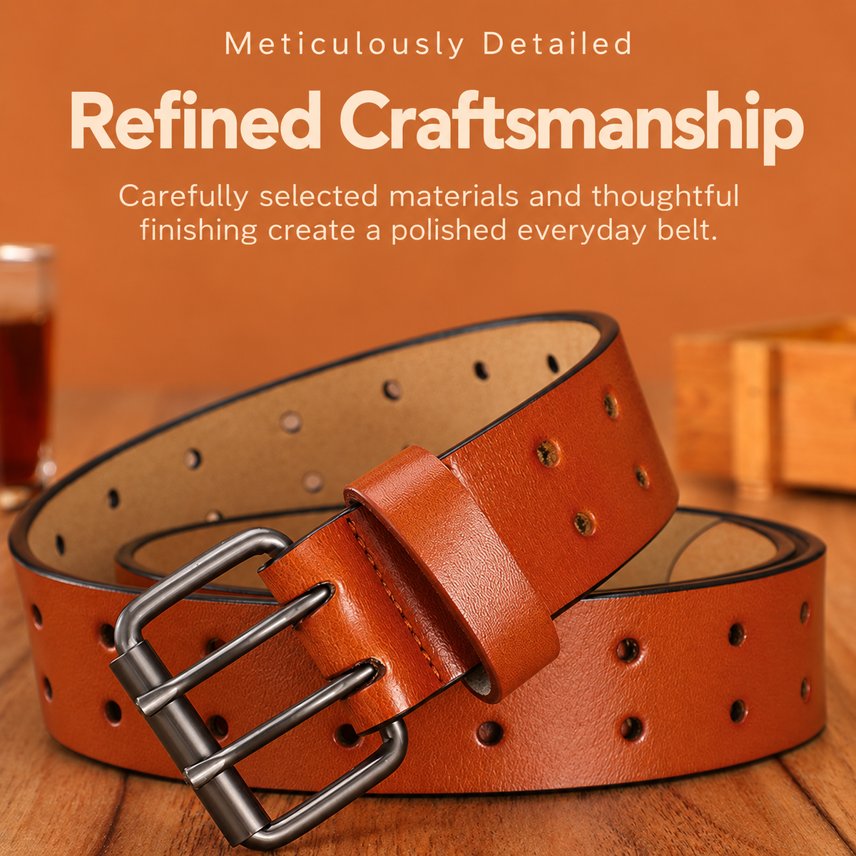 Belt Man Double Needle Cowhide with Two-Prong Buckle