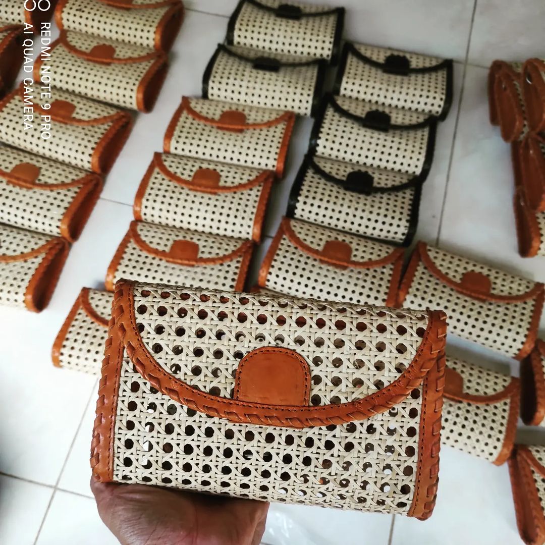 Handwoven rattan, Cane and Leather Crossbody Clutch Purse