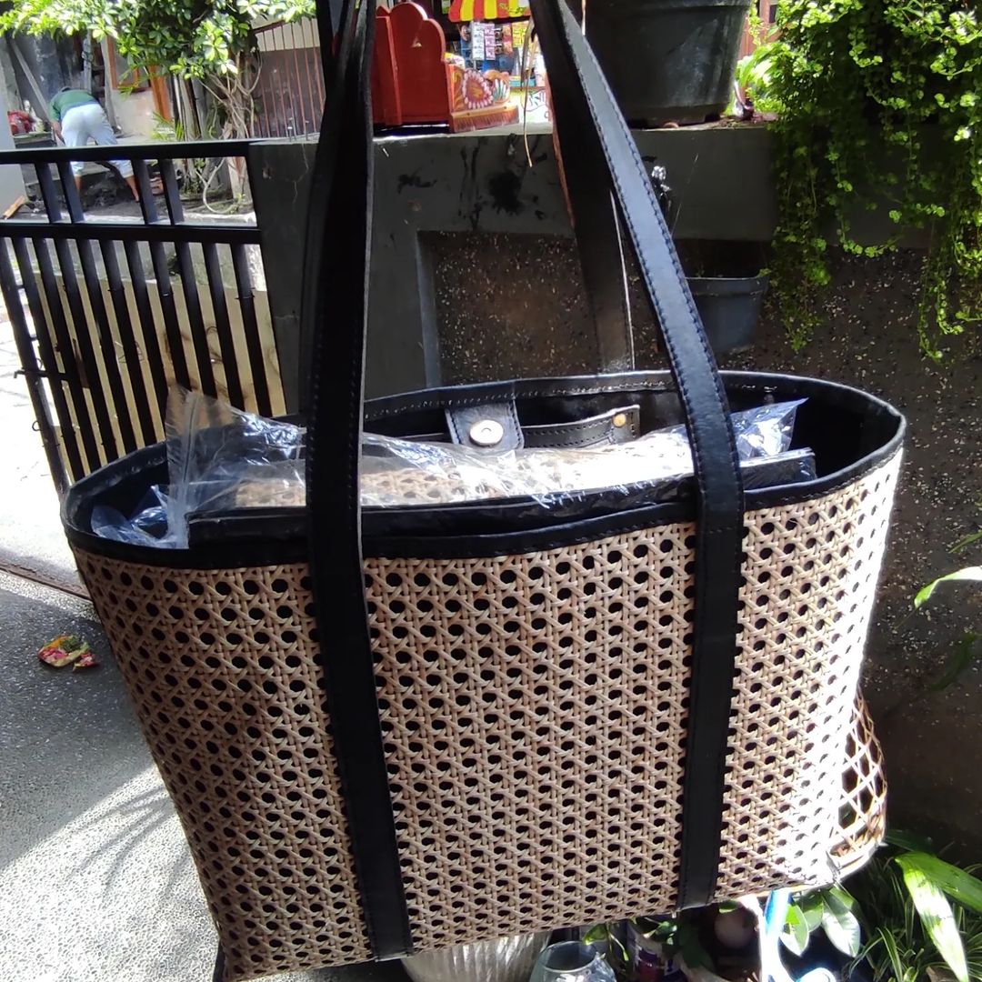 Medium Cane And Leather Tote Bag