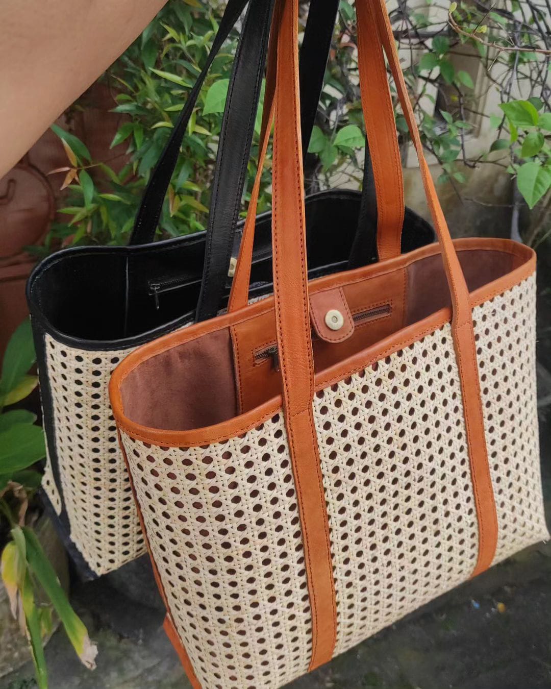 Handmade Cane Woven Rattan and Leather Tote