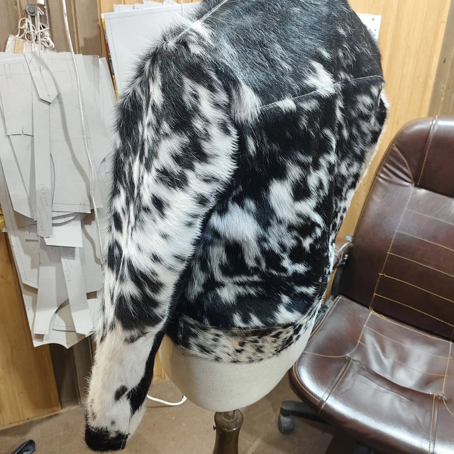 black white real cow print fur jacket
