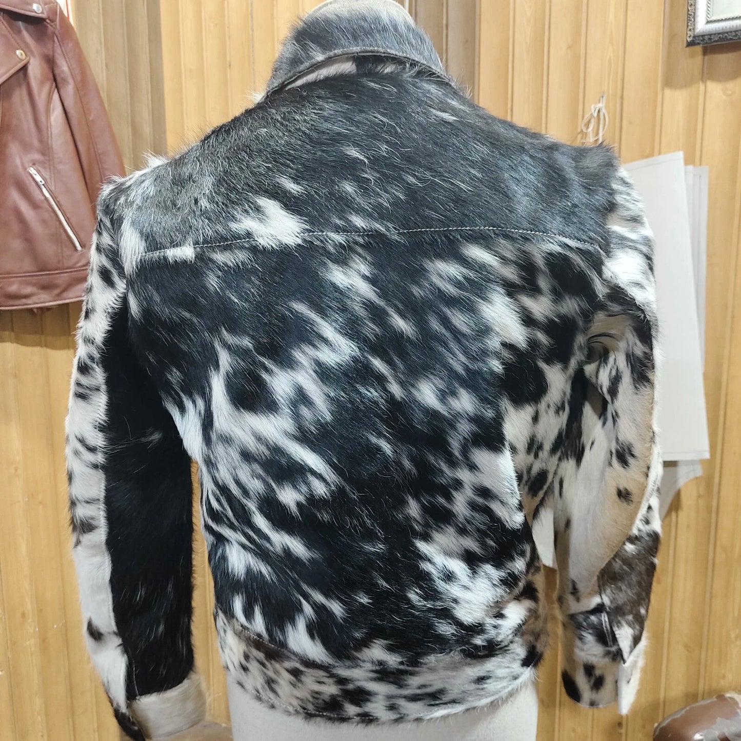 black white real cow print fur jacket