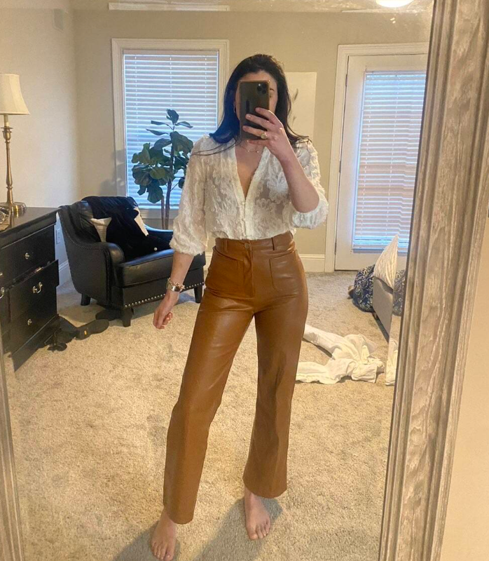 Women's Front Pocket Real Leather Pants Wide Leg
