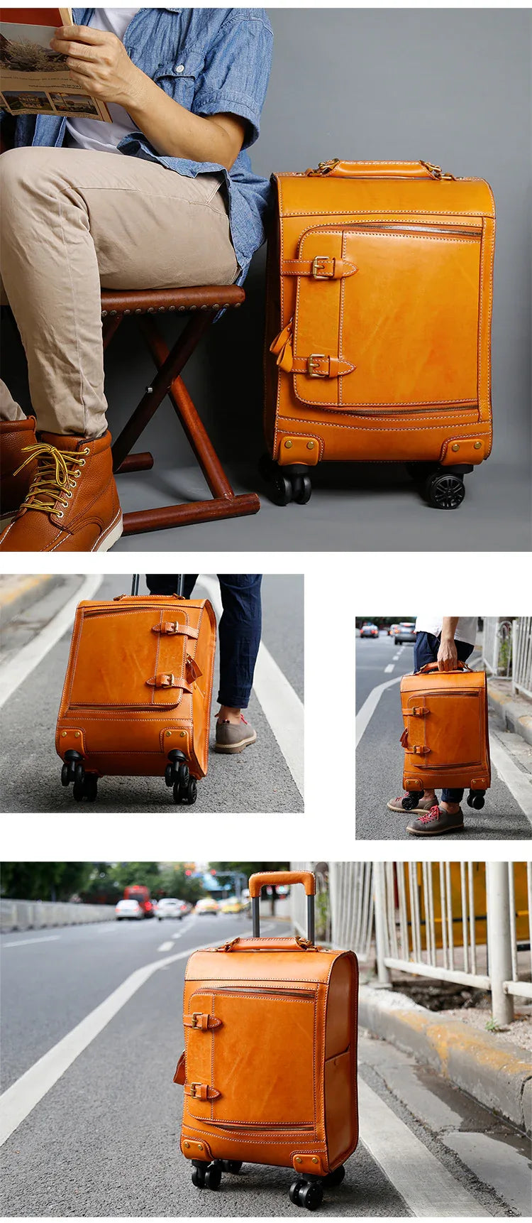 Leather Trolley Suitcase Large Capacity 20 Inch Rolling Luggage