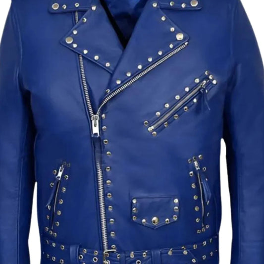 studded punk rock blue leather jacket