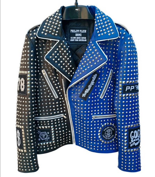 blue black men punk rock leather jacket