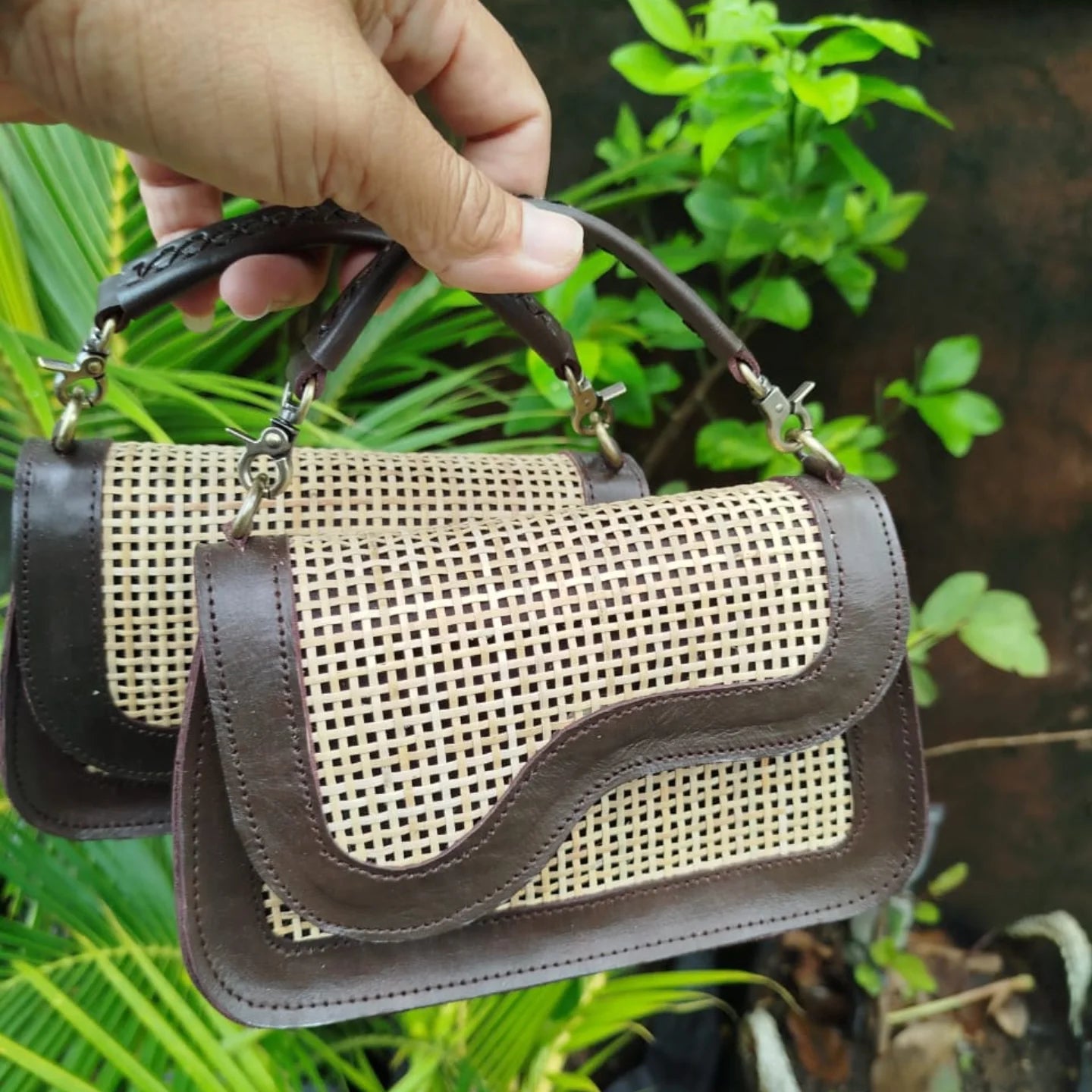 Top Handle Bag Rattan Cane Webbing with Leather