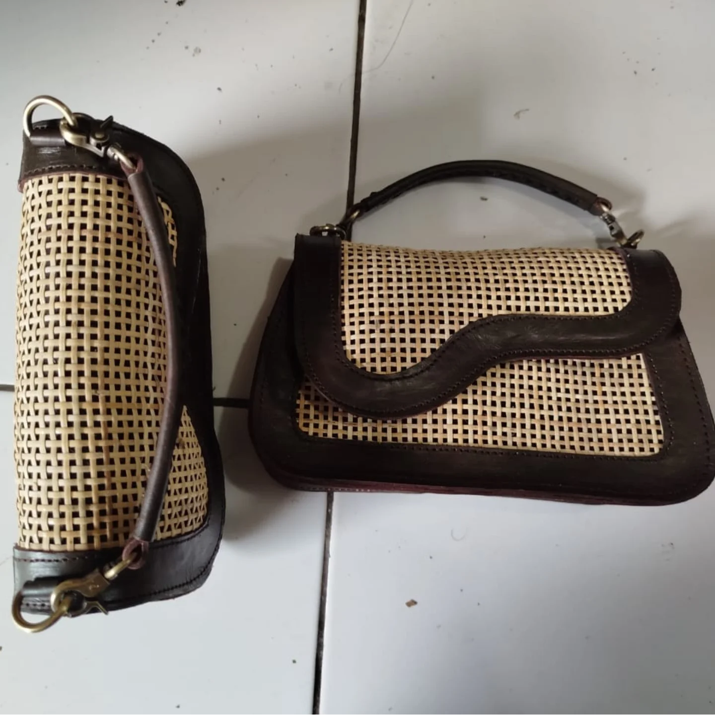 Top Handle Bag Rattan Cane Webbing with Leather