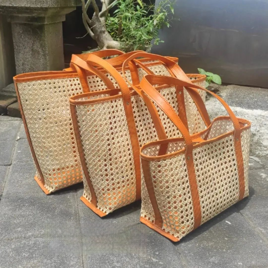 Medium Cane And Leather Tote Bag