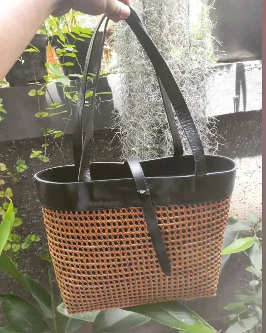 Rattan Cane & leather tote bag Style 2