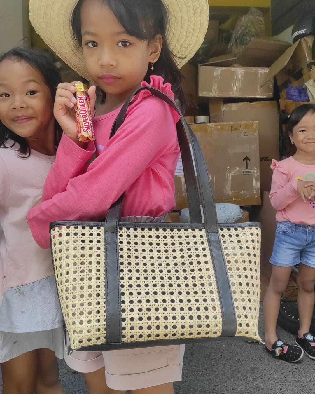 Mini Kids Cane Tote Purse Woven Rattan with Leather Handles