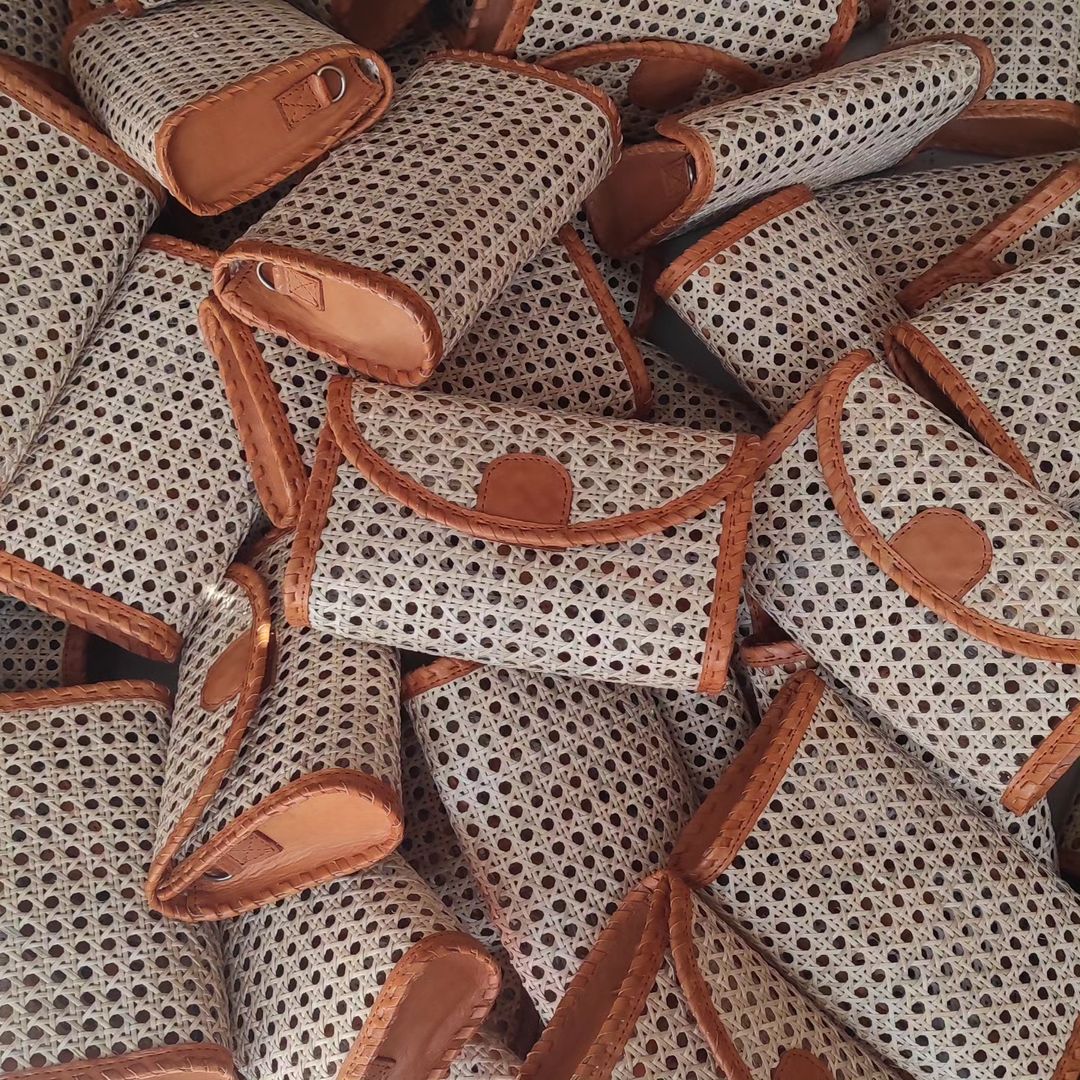 Handwoven rattan, Cane and Leather Crossbody Clutch Purse