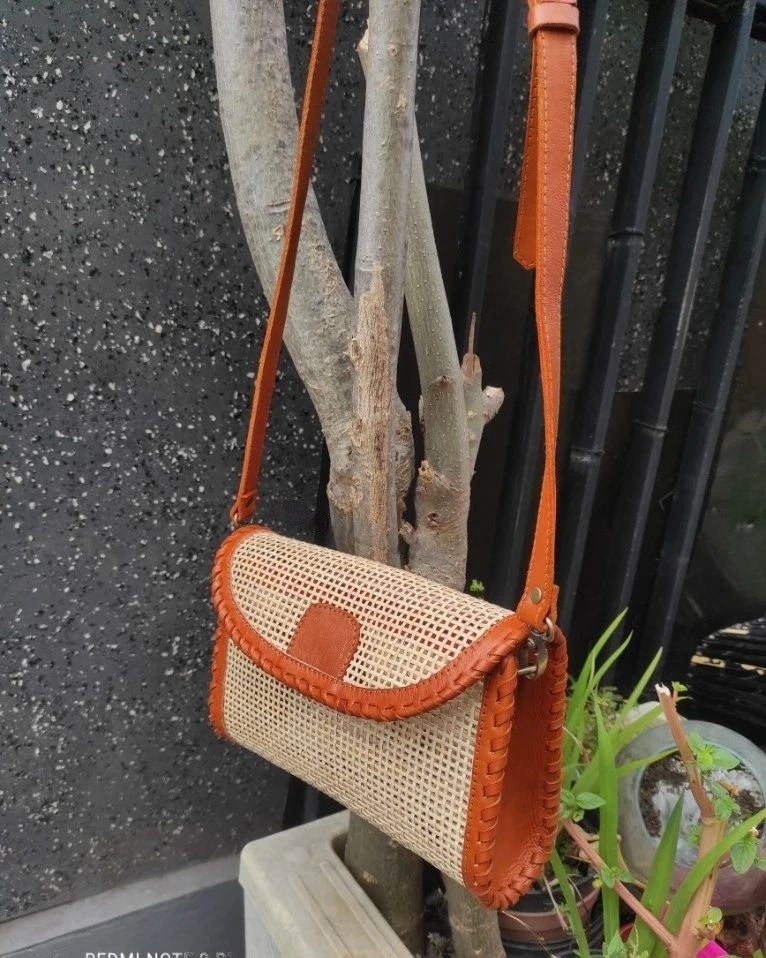 Handwoven rattan, Cane and Leather Crossbody Clutch Purse